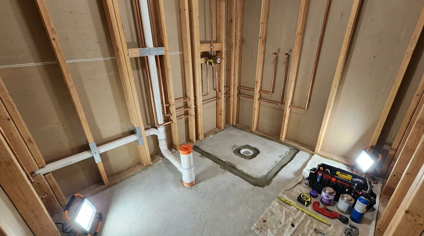 Bathroom rough-in plumbing during remodel by Johns Plumbing LLC in Wakarusa
