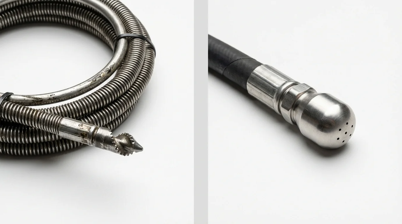 Drain snake cable and hydro jetting nozzle used for drain cleaning in Wakarusa, IN