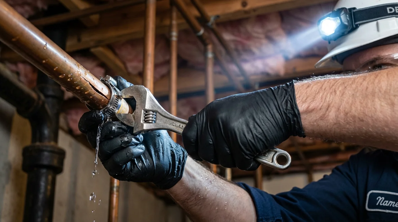 Emergency pipe clamp repair being performed by a Johns Plumbing LLC plumber in Wakarusa
