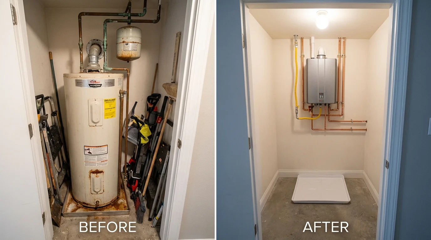 Tank water heater versus wall-mounted tankless unit comparison for Wakarusa, IN homeowners