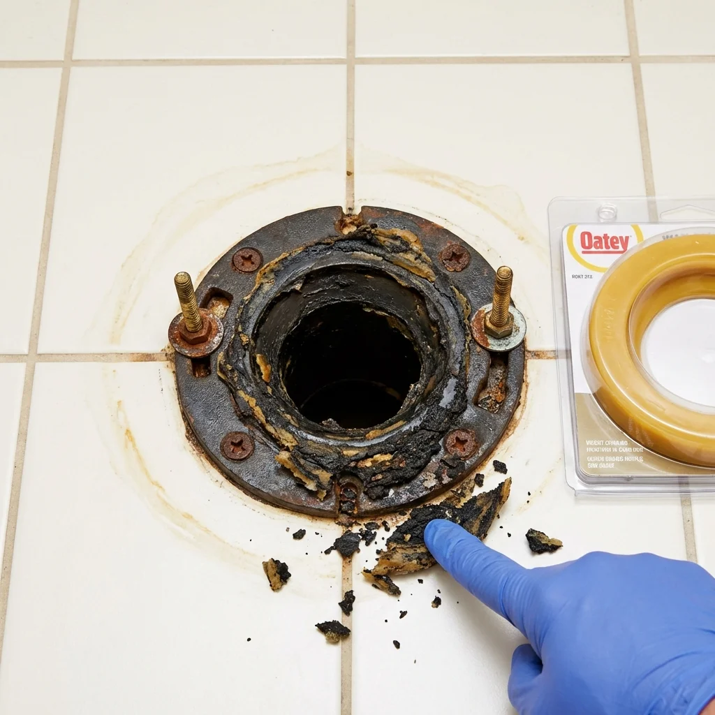 Failed wax ring showing water seepage at the base of a toilet in a Wakarusa, IN home