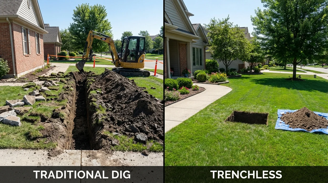 Trenchless sewer repair with minimal yard damage versus traditional excavation in Wakarusa, IN