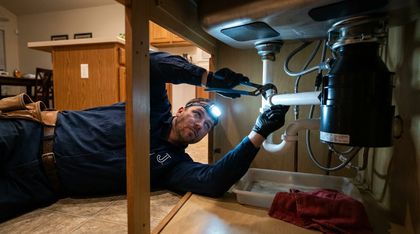 P-trap and supply line connections under a kitchen sink showing a common leak point in Wakarusa, IN